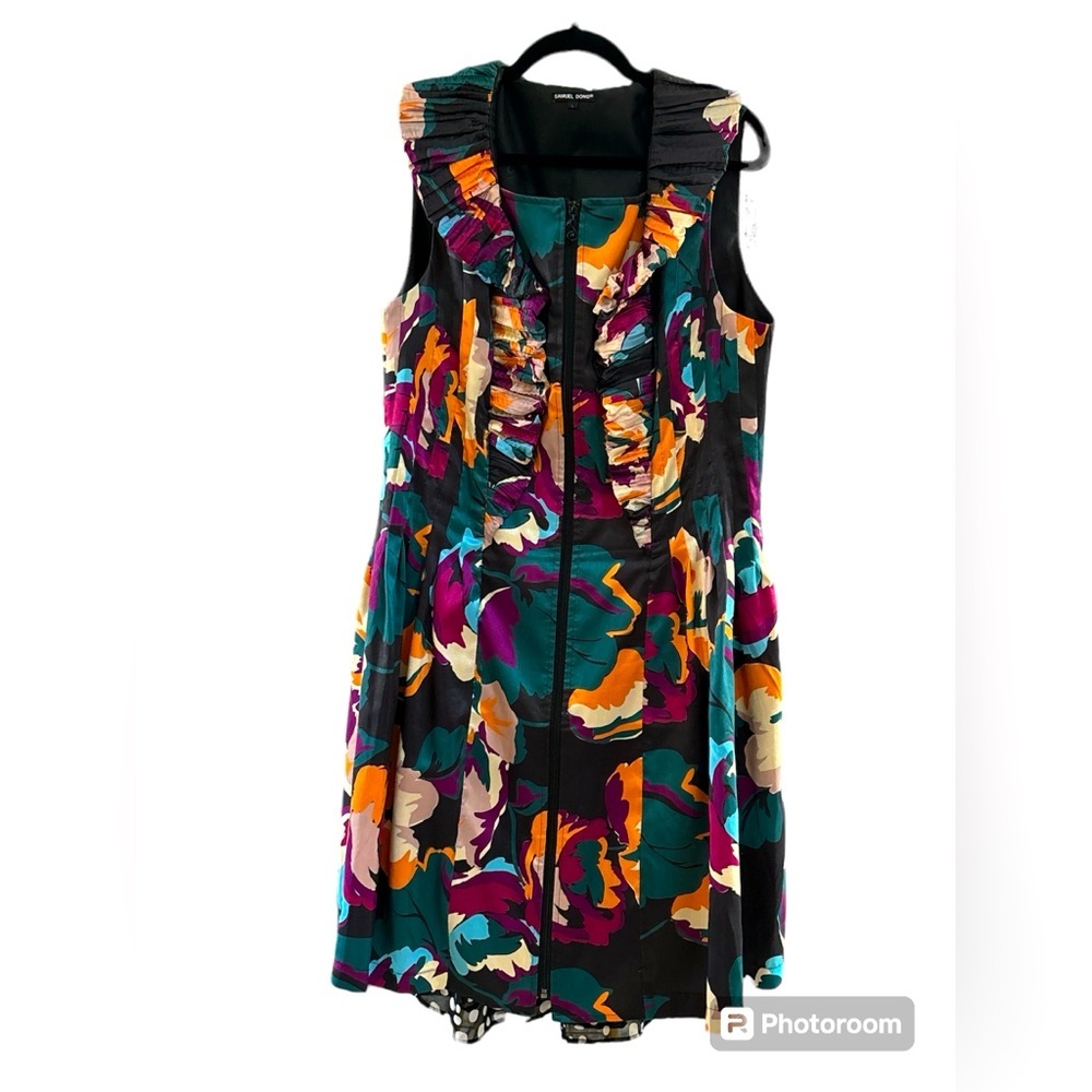 Samuel Dong Sleeveless Ruffle Neckline Zipper Front Dress